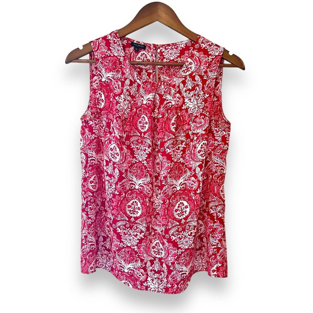 Talbots Red White Floral Damask Blouse 4 Sleeveless Medallion Print Keyhole Top